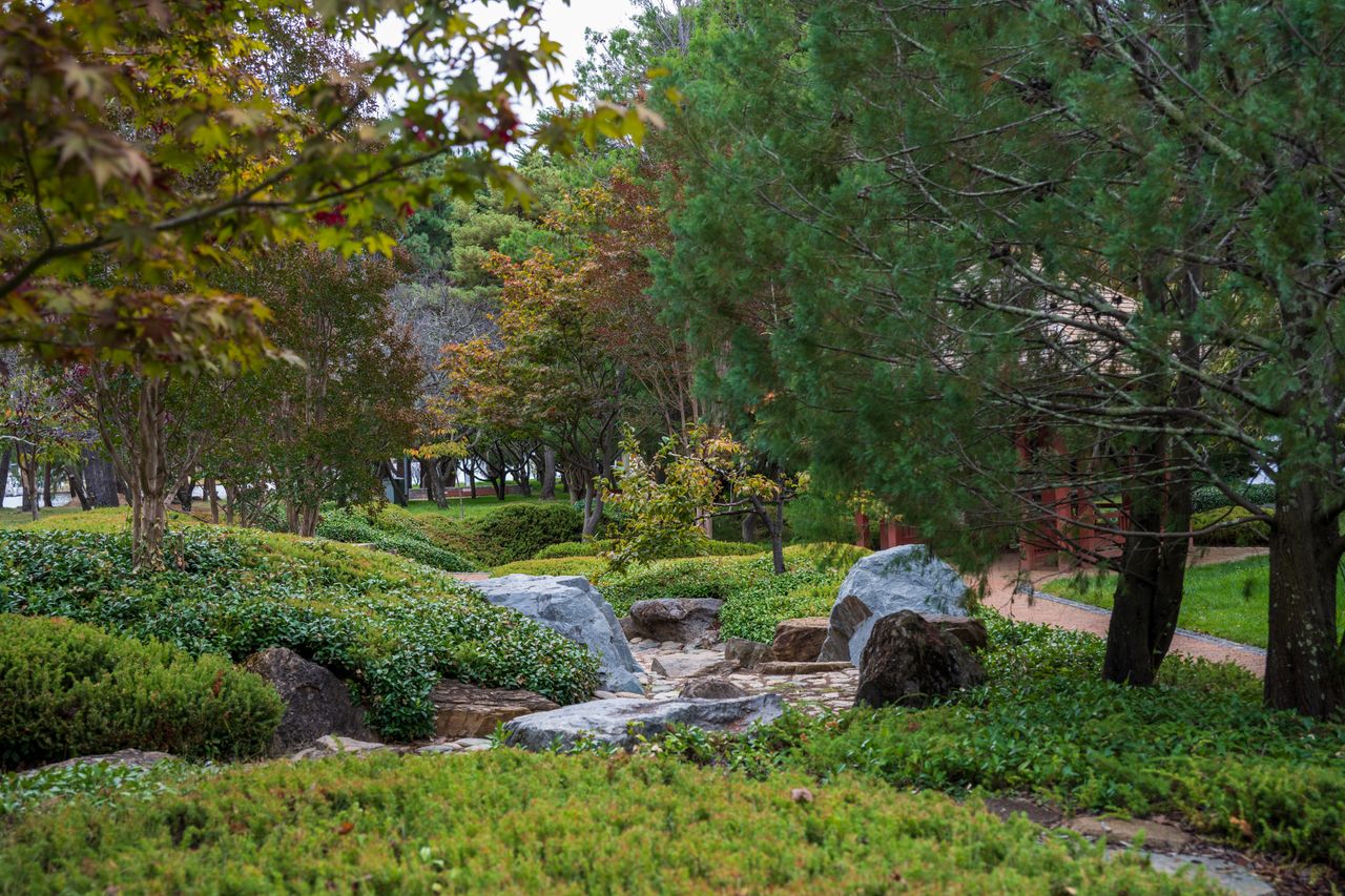 Services Tranquil Japanese garden showcasing lush greenery and large stones among vibrant trees.